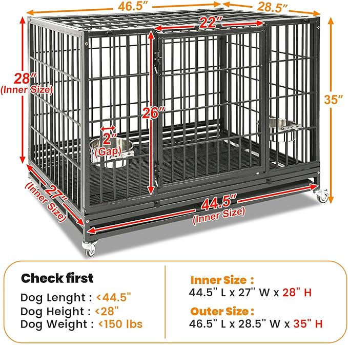 Homey Pet Heavy Duty Dog Crates for Large Dogs, 47 Inch Stackable Large Dog Crate Cage with 4 Wheels, 2 Removable Trays and Grids, 2 Bowls, Multi Locks Strong & Solid Escape Proof Dogs Kennel Indoor