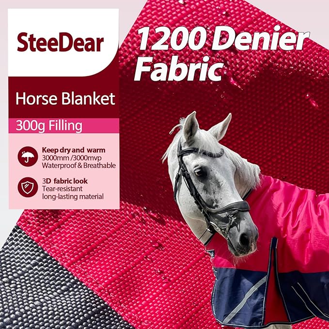 300g1200D Winter Waterproof and Breathable Horse Blanket Warm Turnout Blankets with Reflective Strips Design (Red/Blue, 78'')