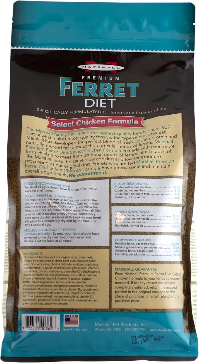 Marshall Select Chicken Formula Premium Ferret Diet – 4 lbs – Supports Digestion, Energy & Muscle Maintenance – Balanced Small Animal Food with Essential Nutrients