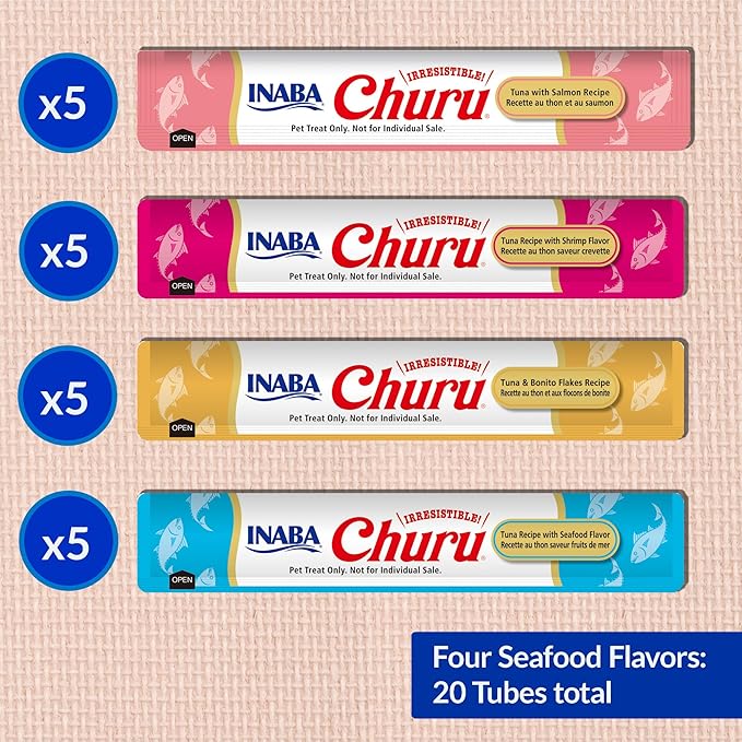 INABA Churu Cat Treats, Lickable, Squeezable Creamy Pur??e Cat Treat with Green Tea Extract & Taurine, 0.5 Ounces Each Tube, 20 Tubes, Seafood Variety Box - Image 6