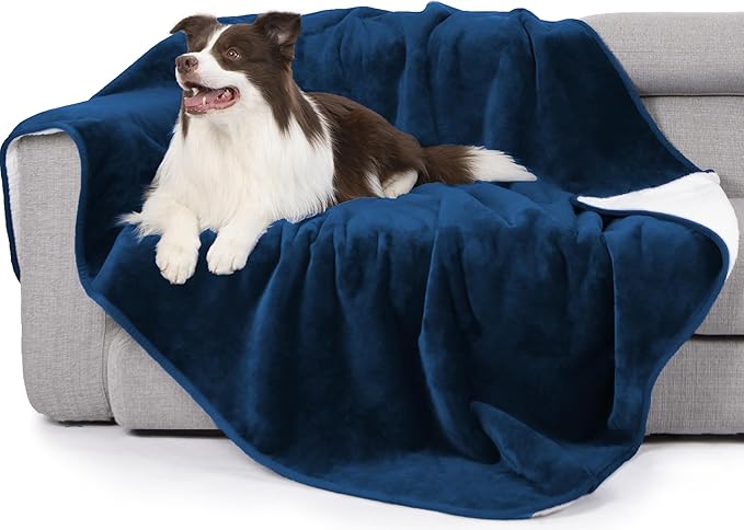 gogobunny Waterproof Bed Blanket, Reversible Sherpa Fleece Throw Blanket for Dog Puppy Cat, Furniture Cover Protects Bed Couch Sofa from Liquid Pee and Pet Fur (Navy Blue, 90x108 inches)