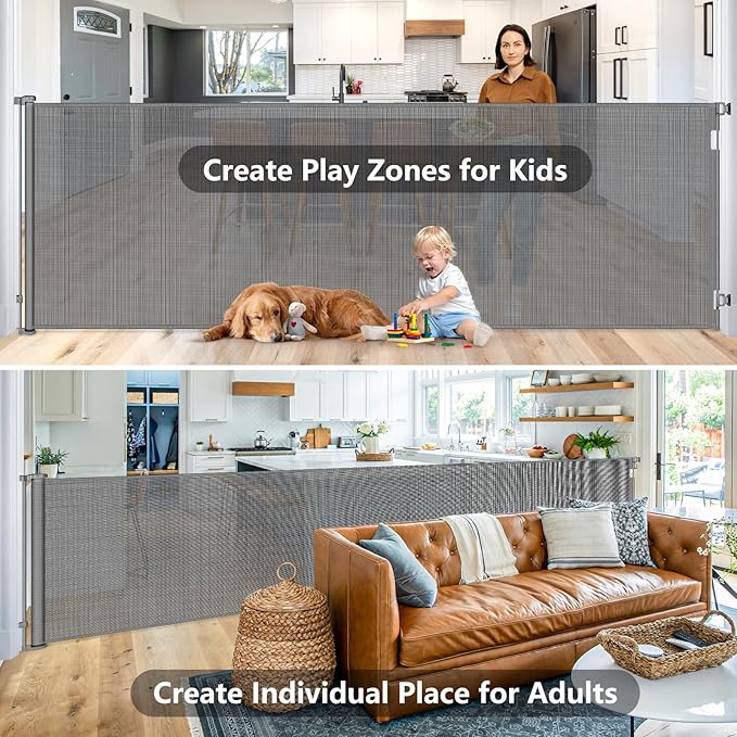 48” Tall 145” Wide Baby Gates for Large Openings Retractable Baby Gates for Doorways Extra Wide Pet Gate Indoor Gate Outdoor Dog Gate for Deck Mesh Baby Gate Retractable Gate Extra Tall Baby Gate Gray