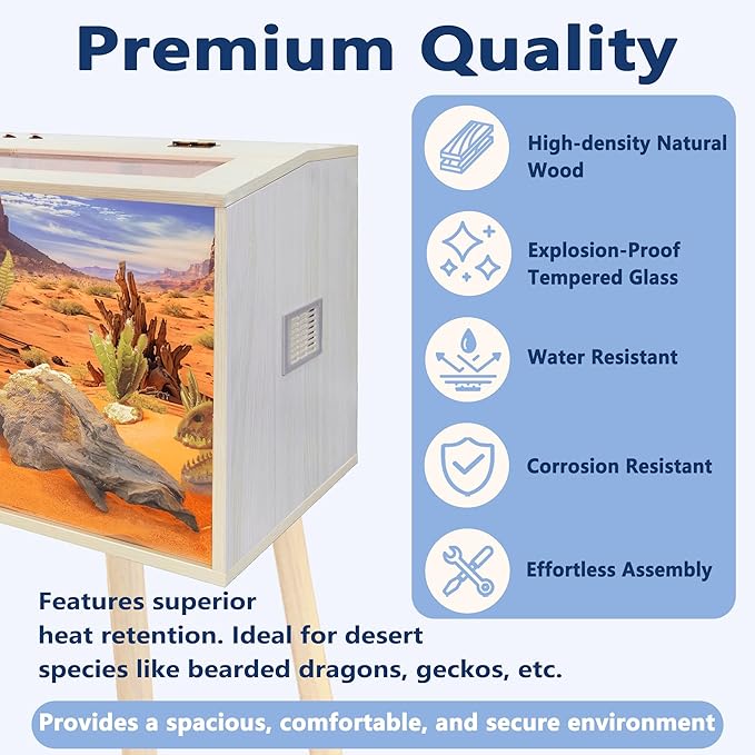 Prolee 26 Gallon Reptile Tank, Tempered Glass Bearded Dragon Tank with Wooden Roof and Lockable Doors, Large Lizard Habitat with Built-in Lamp Fixture for Snakes, Iguanas, Chameleons (Oak)
