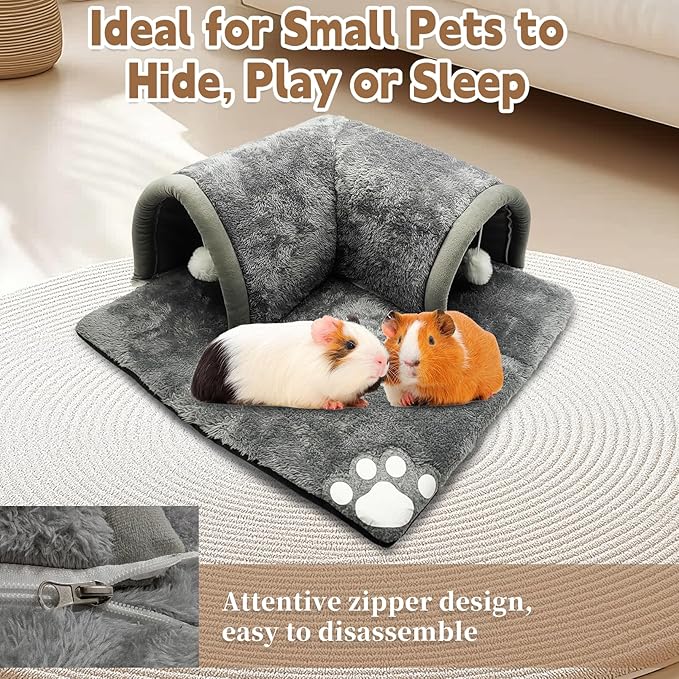 PINVNBY Guinea Pig Hideout Tunnel with Removable Base & 2 Liners and Washable Soft Rabbit Bed & Small Animal Tunnel Tube Cage Accessories for Chinchillas, Hamsters, Ferrets, Bunny（Gray）