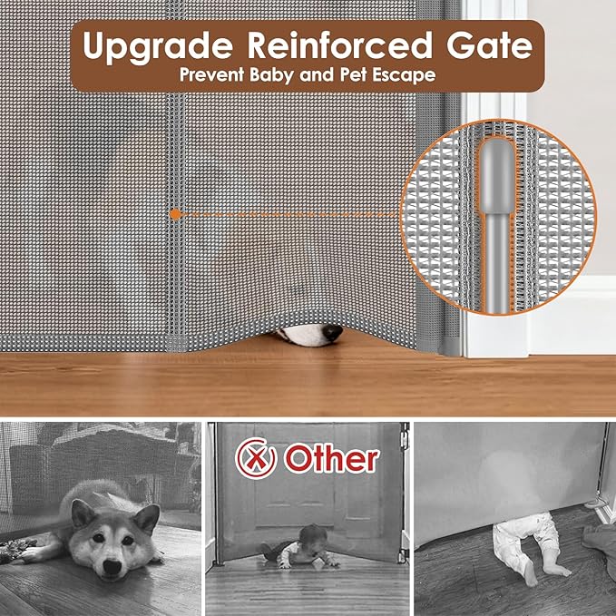 Reinforced 48" Extra Tall Dog Gate with Support Rods, 4 Ft Tall Retractable Dog Gates for Doorways 55" Wide Mesh Baby Gate for Cats - Prevent Baby/Pet from Jumping Over, Gray