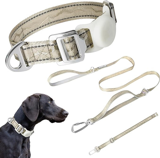 Dog Leash and Collar, Dog Seat Belt for Car, Reflective Nylon, Metal Buckle, IP68, Padded Handle Leash, Durable and Comfortable, for Small Medium Large Dogs (Champagne Gold, M)