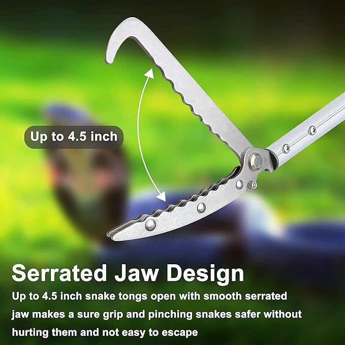 3.7 FT Snake Grabber Long Handle with Hooks, Rattle Snake Catcher Tool, Professional Reptile Wide Jaw Tongs