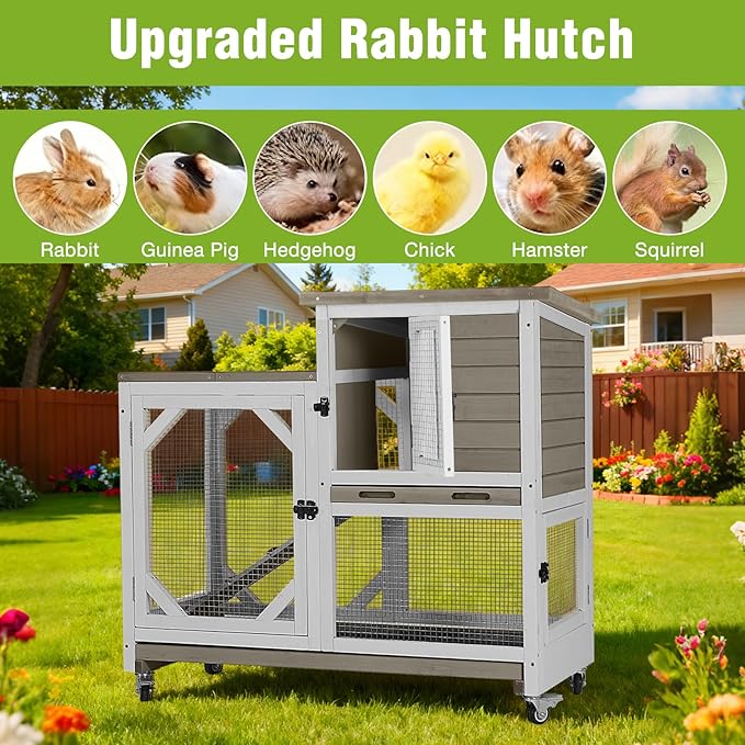 Guinea Pig Cages Indoor/Outdoor, Wooden Rabbit Hutch with Wheels, Large Rabbit House with 2-Story, Bunny Cage with Chew-Proof Ramp and Leap-Proof Trays, Waterproof Small Animals Habitat (Grey)