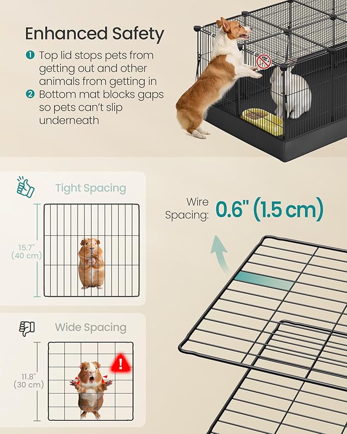 SONGMICS Guinea Pig Cage, Rabbit Cage, Small Animal Playpen with Waterproof Mat, Top and Side Door, 20 Panels, 48.4 x 24.8 x 16.3 Inches, Ink Black ULPI012BH01