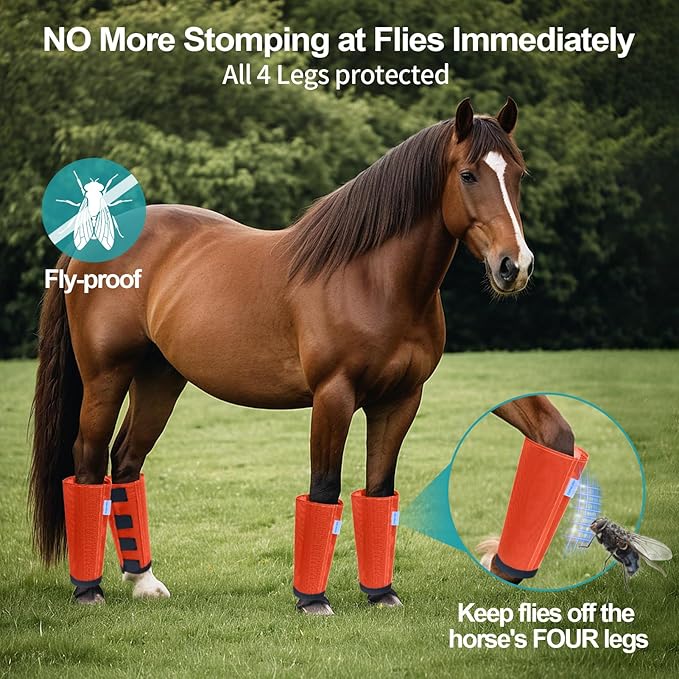 Mesh Horse Fly Boots Set of 4, Loose Fitting Leggings for Horses, Reduce Stressful Stomping, Breathable Adjustable and Universal Fit for 4 Legs, Reliable Stay Put (Orange)