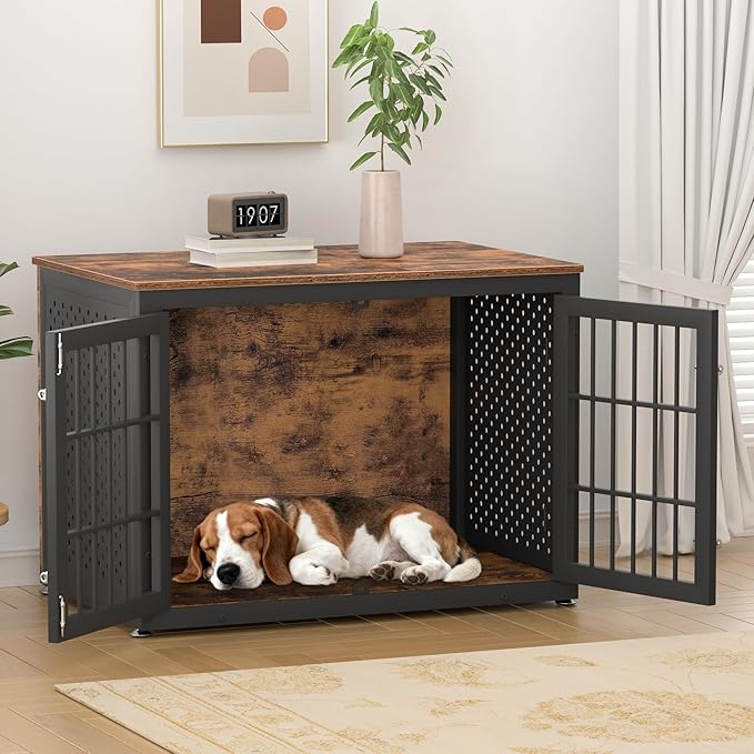 rehomerance 38" Heavy Duty Dog Crate Furniture for Large and Medium Dogs,Wooden Metal Kennel for High Anxiety Dogs, Chew Proof Pet Cage Indoor, Decorative Dog Kennel End Table