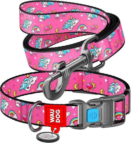 Nylon Dog Collar and Leash Set - Adjustable Dog Collar for Large Dogs, Small & Medium Dogs - Puppy Collars for Large Breed - Boy & Girl Collars with Durable Plastic Buckle and QR Tag