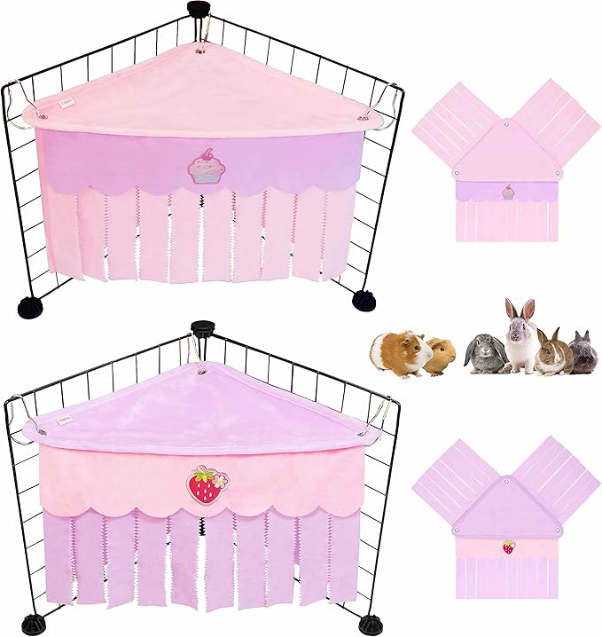 2 PCS Guinea Pig Hideout, Cute Guinea Pig Corner Fleece Forest Hideaway 3-Side Curtain, Rabbit Hammock Toy and House Bed for Bunny, Ferret, Rat and Small Animal Cage Accessories (Pink+Purple)