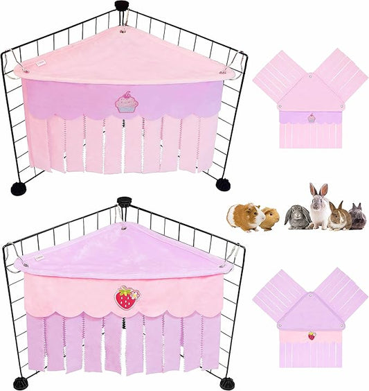 2 PCS Guinea Pig Hideout, Cute Guinea Pig Corner Fleece Forest Hideaway 3-Side Curtain, Rabbit Hammock Toy and House Bed for Bunny, Ferret, Rat and Small Animal Cage Accessories (Pink+Purple)