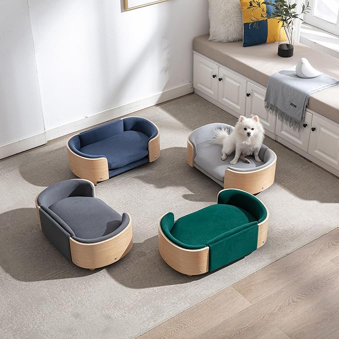 Elevated Dog Bed Pet Sofa with Solid Wood Legs and Bent Soft Backrest, Pet Cat Stool Bed with Velvet Cushion,for Small and Medium Size Dogs Kitten, Light Gray, Small Size