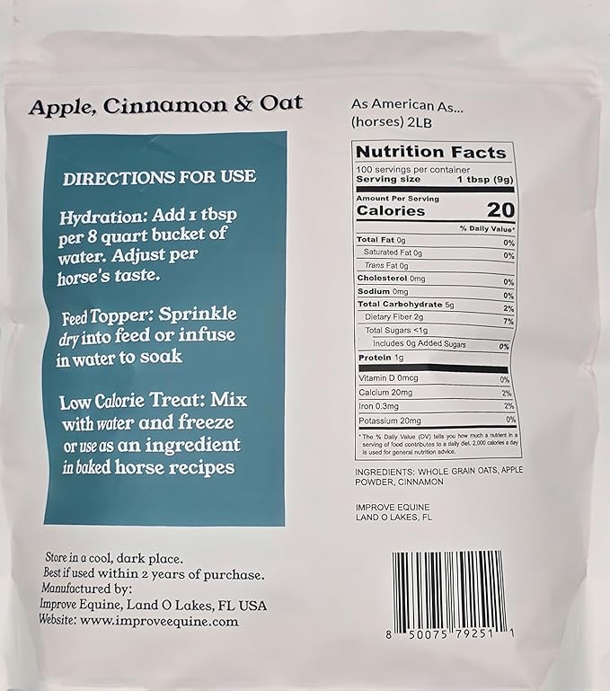 Low Calorie Hydration, Feed Topper & Treat | Safe, NO Electrolyte/Salt for Daily Intake | No Sugar Added (2LB Bag (100 Servings), As American As - Apple, Cinnamon & Oat)