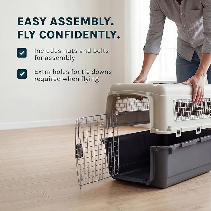 SportPet Airline Compliant LARGE 28.75" Travel Dog Kennel- Durable Plastic Airline Pet Carrier w/ Removable Wheels & Food Bowls, Collapsible Indoor/Outdoor Dog Kennel, Dogs up to 28"L & 20"H-Dark Gray