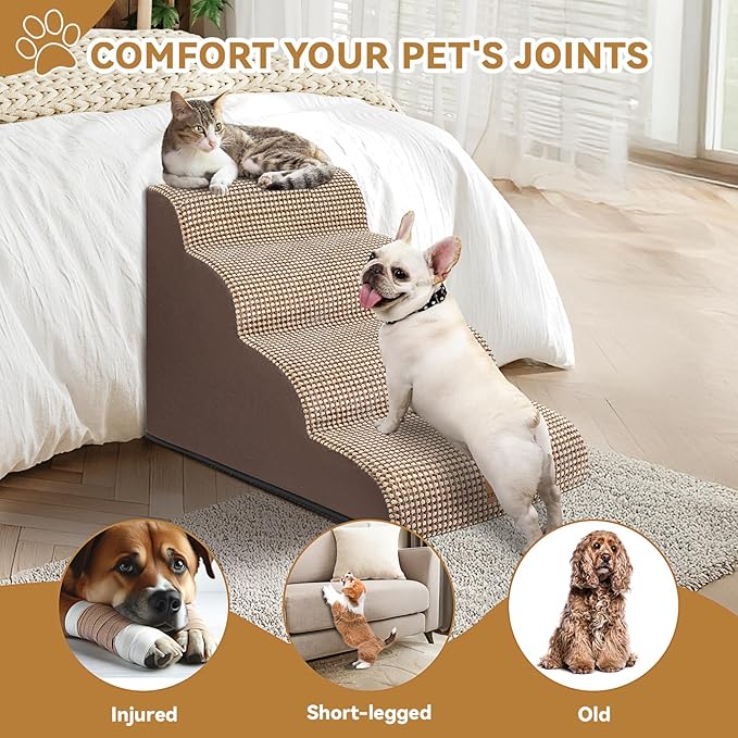 Zerbuger Dog Ramp and Stair for Bed 16" H-20 H,3-Step Cat Stair for Sofa and Chair,4-Step Dog Ramp for High Bed and Window,Durable Nonslip Fabric Cover for Indoor (Coffee-20 H, Pet Friendly, 4)