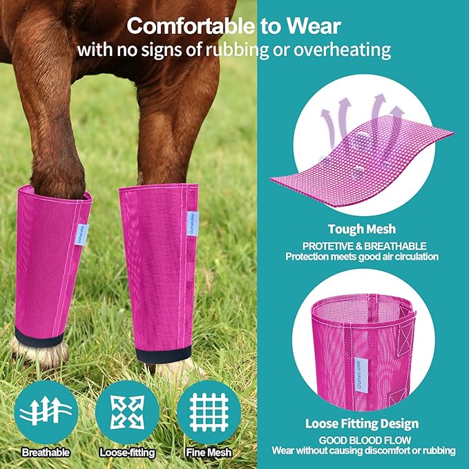 Mesh Horse Fly Boots Set of 4, Loose Fitting Leggings for Horses, Reduce Stressful Stomping, Breathable Adjustable and Universal Fit for 4 Legs, Reliable Stay Put (Pink)