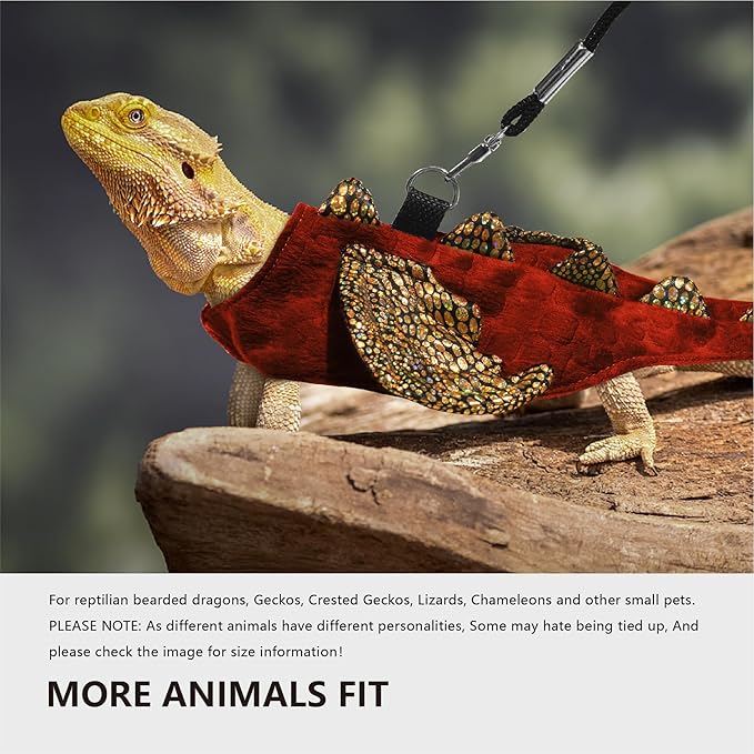 Bearded Dragon Leash and Harness Set, Beardie Carrier, Lizard Adjustable Harness with Leather Wings and Sling Bag, Reptile Small Pet Backpack Batwing Accessories (Red)
