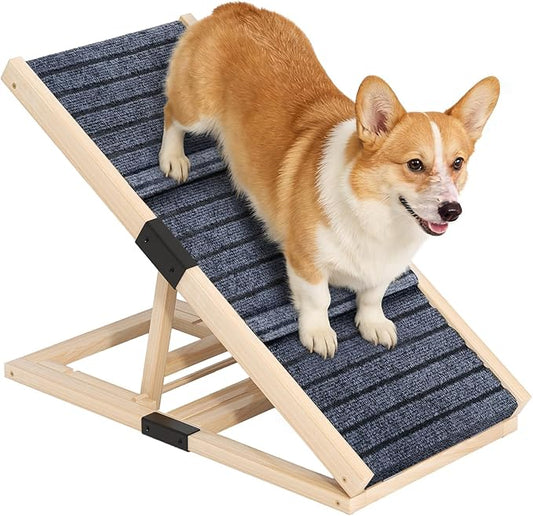 Adjustable Wooden Dog Ramp for Small & Medium Dogs, 27.6" Long x 11.8" Wide Portable Pet Ramp for Bed, Couch, Sofa & Car, Anti-Slip Carpet, Lightweight Foldable Indoor Outdoor Travel Dog Ramp