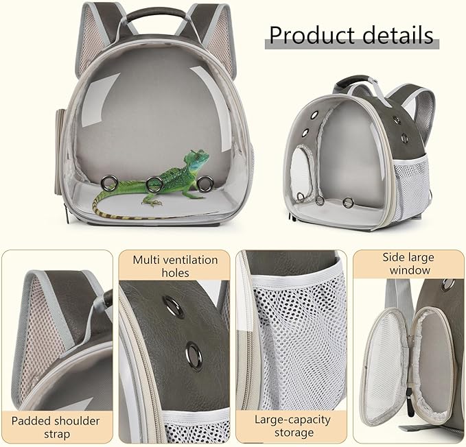 Bearded Dragon Carrier Backpack with Security Printing Harness Leash and 3-Sized Harness Set, Reptile Lizard Travel Guinea Pig Bunny Kitten Travel Carry Bag to Transport (Grey, PU Leather)