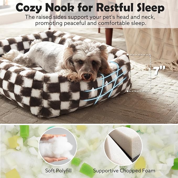 JOEJOY Dog Bed for Small Medium Dogs, Removable Washable Cover Orthopedic Soft Faux Rabbit Fur Pet Bed, Anti-Slip Fluffy Plush Puppy Bed, 25"x21"x7", Checkered, Brown