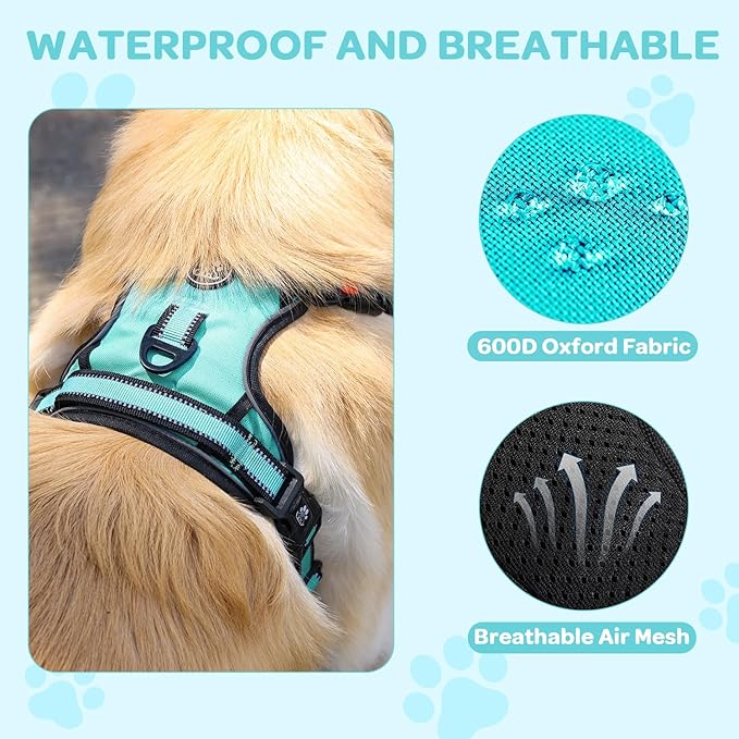 FURRYFECTION Plaid Dog Harness for Large Dogs, Reflective No Pull Adjustable Pet Vest with Front Clip, Leash, Easy Control Handle and Seat Belt, Turquoise, L