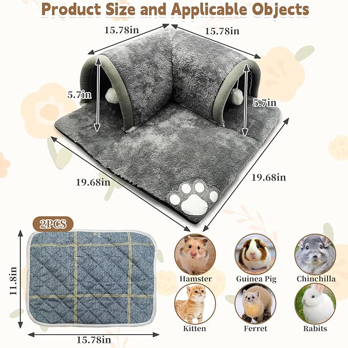 PINVNBY Guinea Pig Hideout Tunnel with Removable Base & 2 Liners and Washable Soft Rabbit Bed & Small Animal Tunnel Tube Cage Accessories for Chinchillas, Hamsters, Ferrets, Bunny（Gray）