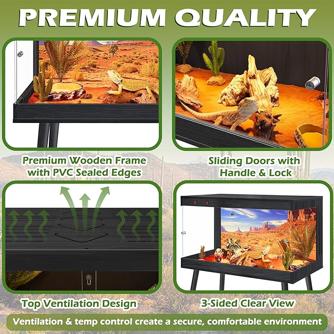 Royxen Bearded Dragon Tank, 31 Gallon Reptile Tank with Leg Stand,Built-in Lighting Reptile Enclosure, Tempered Glass Bearded Dragon Encloure for Chameleon (Black,24"x 16"x 16")