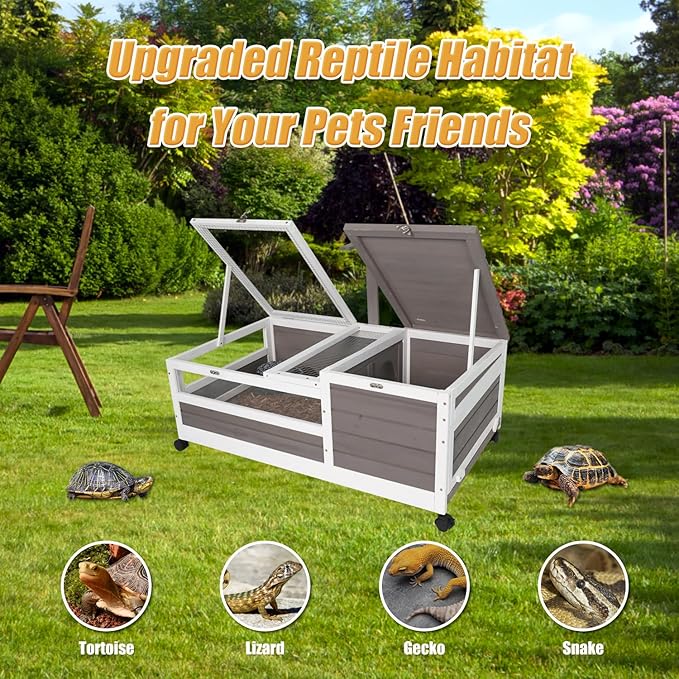 Ketive Tortoise Habitat Large Wooden Tortoise House Indoor & Outdoor, Reptile Cage for Small Animals-Leakproof Tray (Grey, 23" D x 38.98" W x 14.5" H)