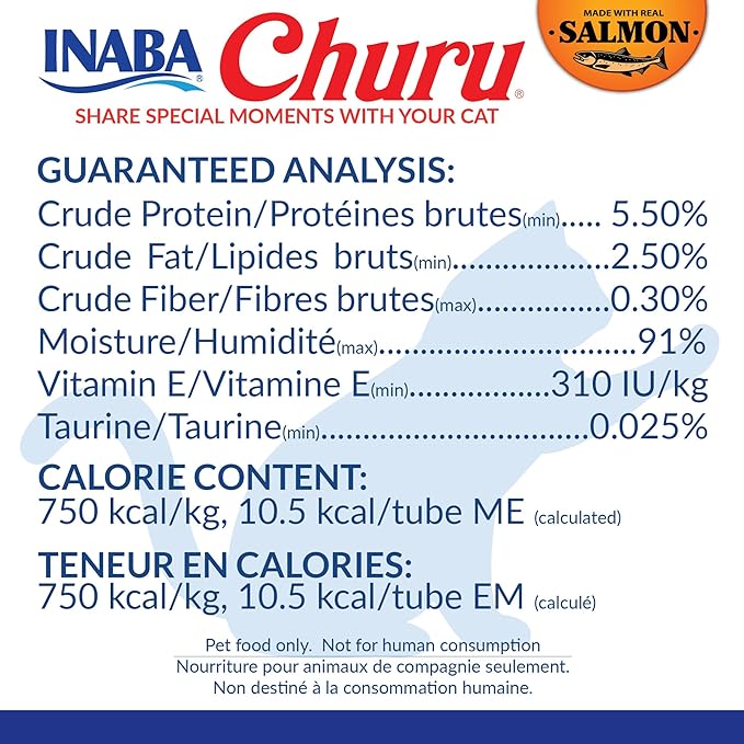 INABA Salmon Churu Cat Treats, Lickable, Squeezable Creamy Pur??e Cat Treat with Green Tea Extract & Taurine, 0.5 Ounces Each Tube, 20 Tubes, Salmon & Tuna Variety Box - Image 4