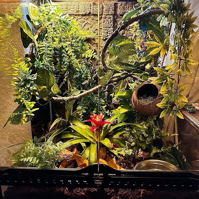 Crested Gecko Tank Accessories,Gecko Coconut Hut Hideout with Ladder Reptile Hammock Lizards Hanging Plants Flexible Climbing Jungle Vine Leaves Terrarium Decor
