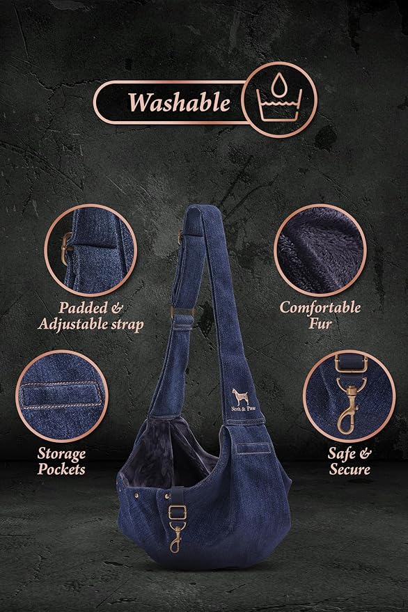 Noah & Paw Dog Sling Carrier for Small Dogs 3-10lb, Dog Sling for Small Dogs and Cats, Dog Carrier with Adjustable Padded Strap, Premium Denim, Lined with Fur, Double Safety Feature, Machine Washable