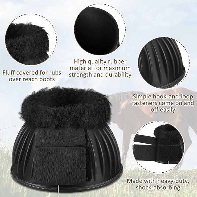 Abbylike 1 Pair Horse Bell Boots Protect Against Hoof Impact Trauma Rubber Bell Boots Black Horse Care for Turnout No Rub Design Comfort Quick Wrap Hook and Loop