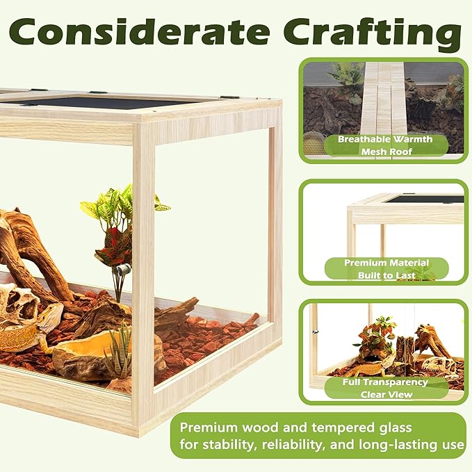 PROLEE Reptile Tank, 82 Gallon Beard Dragon Tank, Tempered Glass Reptile Encloure and Snake Tank with Locking Design for Lizard,Gecko,Chameleon (48"X19.5"X19.5",Oak)