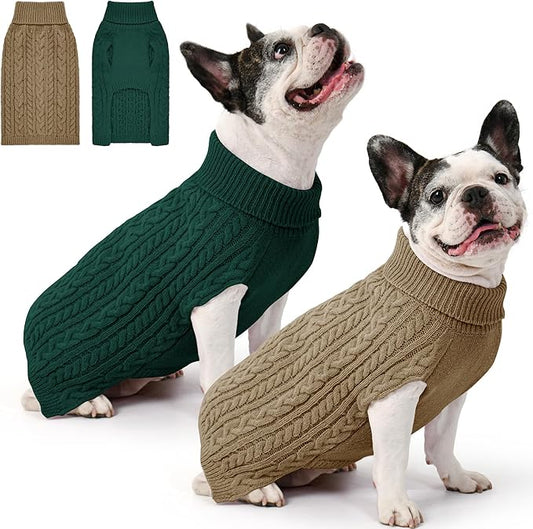 2 Pack Dog Sweaters for Medium Dogs Winter Turtleneck Pullover Cable Knit Fleece Stretch Frenchie Dachshund Pug Corgi Beagle Boy Girl Pet Clothes (L, Green & Brown)