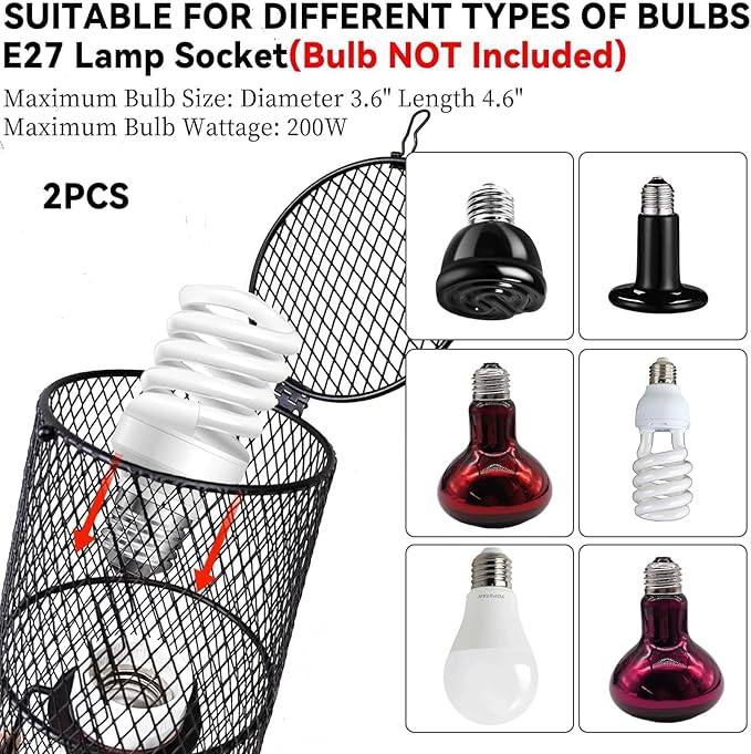 kathson 2 Pcs Reptile Heat Lamp Guard,Reptile Anti-Scald Mesh Cage Guard Lampshade,150W Ceramic Heat Emitter Heat Lamp Shade Fixture for Snake Lizard Turtle Frog,Without Bulb