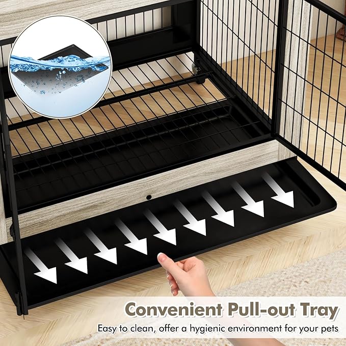 Giantex Dog Crate Furniture with Wheels, 38" Modern Dog Cage with 3 Doors, Flip Top Lid, Removable Pull-Out Tray, Decorative Dog Kennel Indoor Pet House End Table for Medium & Large Dogs (Oak Gray)
