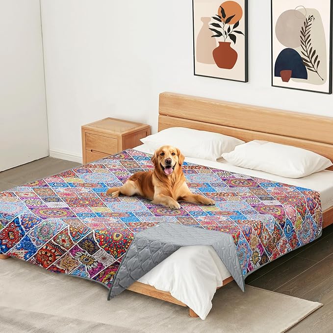 Waterproof Dog Blanket, Bohemian Dog Bed Cover Pet Blanket, Reversible Sofa Couch Cover for Dogs Washable, Protect Furniture Bed Couch Sofa for Puppy Cat (Colorful Medallion, 52×82 Inch)