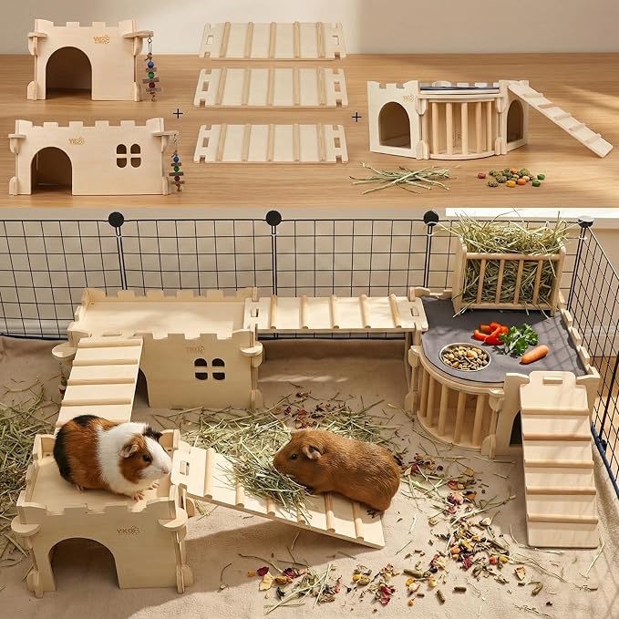 Castle Chinchilla House, Small Animal Hideout for Chinchilla, Guinea Pig, Hedgehog, or Rat, Ventilated Wooden Guinea Pig Hut Habitat with Multiple Doors (Large)