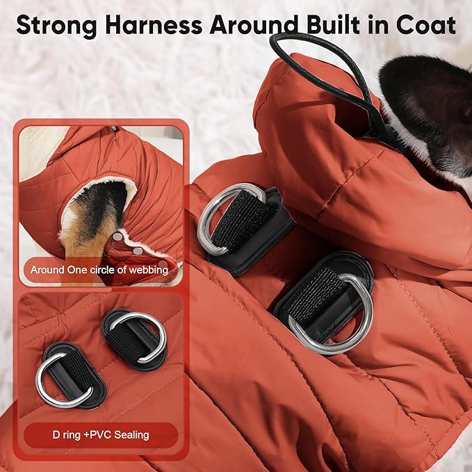 Vecomfy Fleece Lining Dog Hoodie with Harness Built in,Extra Warm Medium Dog Jacket in Winter Doggie Coats with Drawstring Hooded,Orange XL