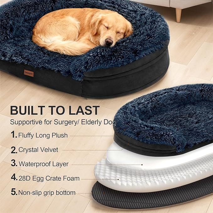 iweepet Black Orthopedic Dog Beds for Extra Large Dogs, 44" x32.6" x7.6" Supportive Dog Sofa Bed with 28D Egg-Crate Foam, Removable Washable Cover, Waterproof Lining, for Puppy,Senior,Sick