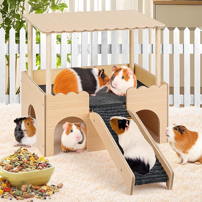 Wooden Guinea Pig Hideout Castle with Stairs,Small Animal Bed Hut Habitats Spacious 2-Level Detachable Small Pet House for Rabbits, Hamsters & Chinchillas Bunny (Updated Grey)