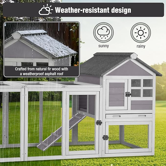 Large Rabbit Hutch Outdoor Indoor, Bunny Cage with 4 Access Areas & Pull-Out Leak-Proof Trays, Waterproof Roof Wooden Bunny Hutch for 1-2 Rabbits, Guinea Pigs, Chickens