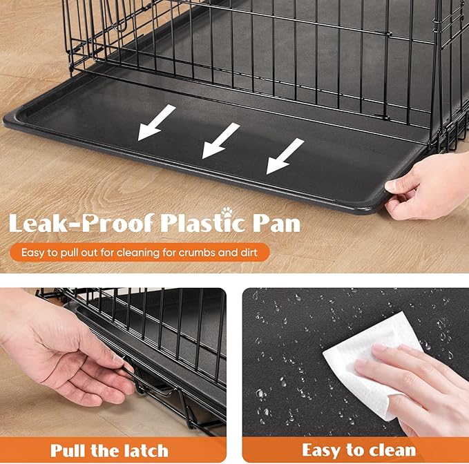 Sweetcrispy Large Dog Crate, 36 Inch Double Door Folding Metal Wire Dog Cage with Plastic Leak-Proof Pan Tray, Pet Kennel for Indoor, Outdoor, Travel