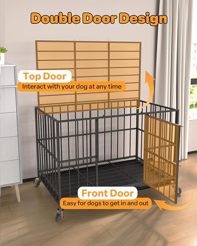 38 in Heavy Duty Dog Crate Steel Escape Proof, Indoor Double Doors and Lockable Wheels,Removable Tray, for Small and Medium Dog Breeds