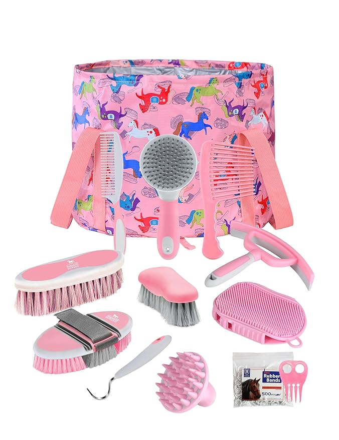 Harrison Howard Complete Horse Grooming Set, 11-Piece Advanced Daily Grooming Tools with Extra Brushes for Full Horse Care Pink Brushstroke Ponies