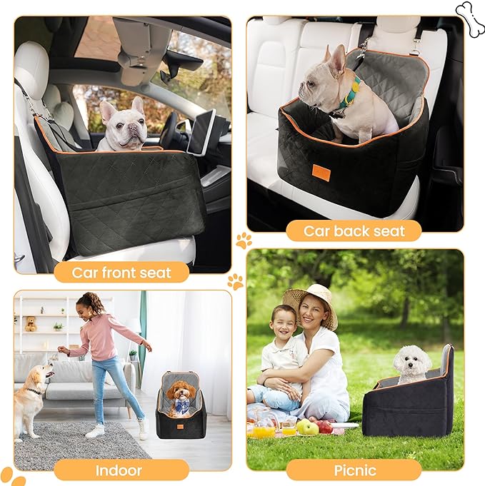HiPetpy Dog Car Seat for Small Dog, Booster Seat for Dogs Under 30lb, Elevated Pet Seat with Pockets, Anti-Slip Bed for Car, Perfect for Front & Back Seats with Safety Leash (Black/Grey, Medium)