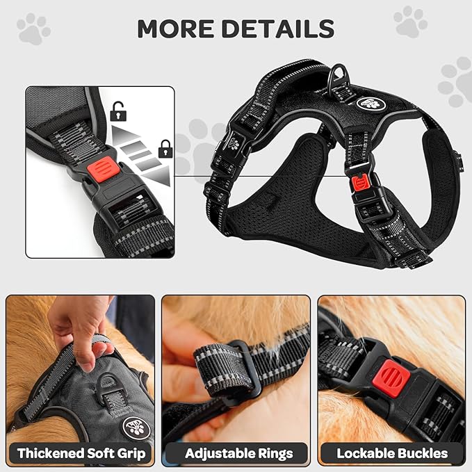 FURRYFECTION Plaid Dog Harness for Large Dogs, Reflective No Pull Adjustable Pet Vest with Front Clip, Leash, Easy Control Handle and Seat Belt, Black, L